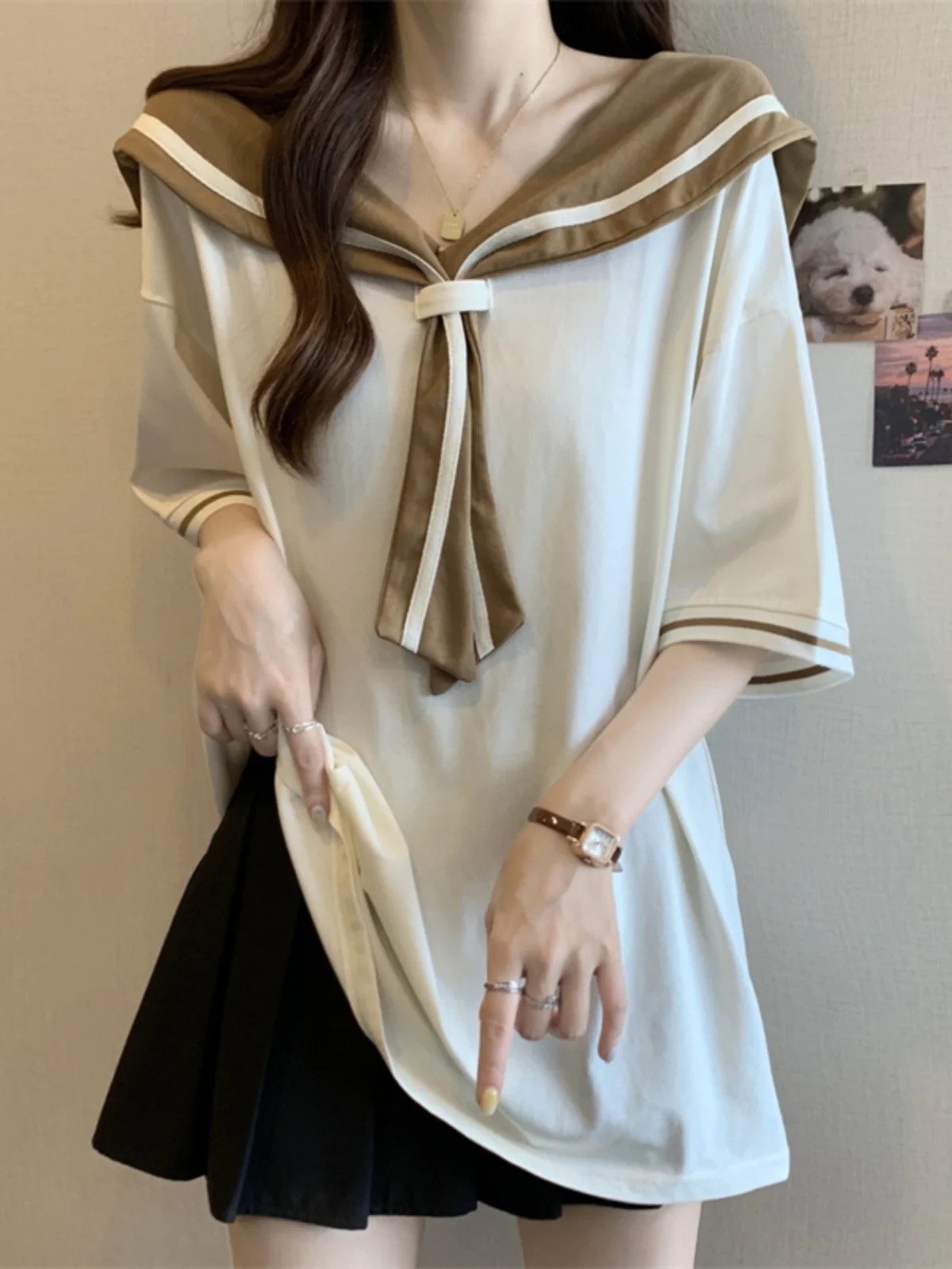 

Темно-синяя футболка с воротником ort Sve, женская летняя модная футболка больших размеров, модный топ средней длины, закрывающий ягодицы