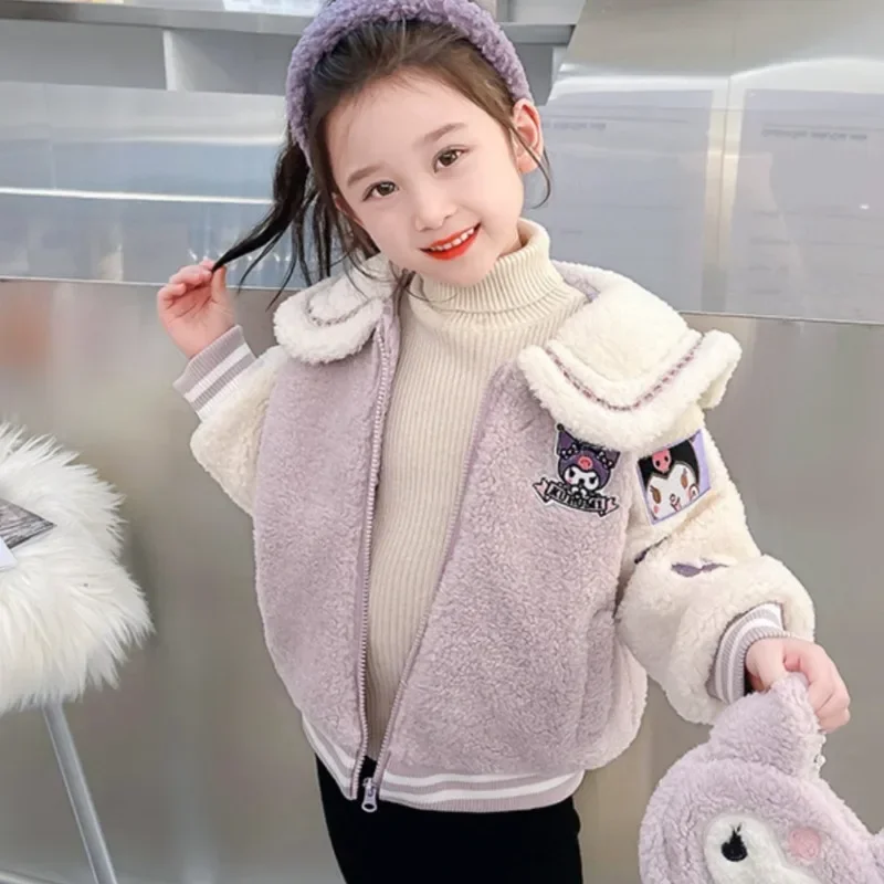 Sanrios Kuromi Anime Kawaii Girls Baseball Jacket Autumn/Winter Cartoon Cute Princess Style Warm Wool Sweater Top Christmas Gift