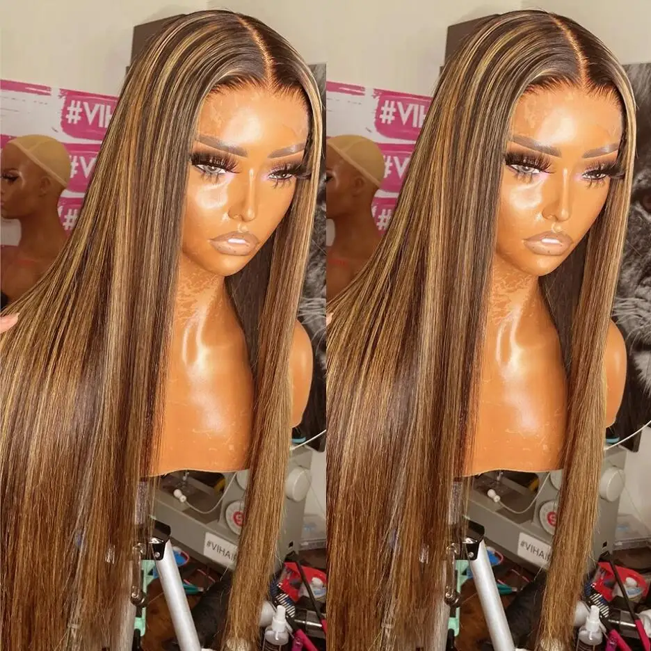 

30“Long Highlight Brown Color Soft Silky straight 180 Density Lace Front Wig Synthetic High Temperature Glueless Daily