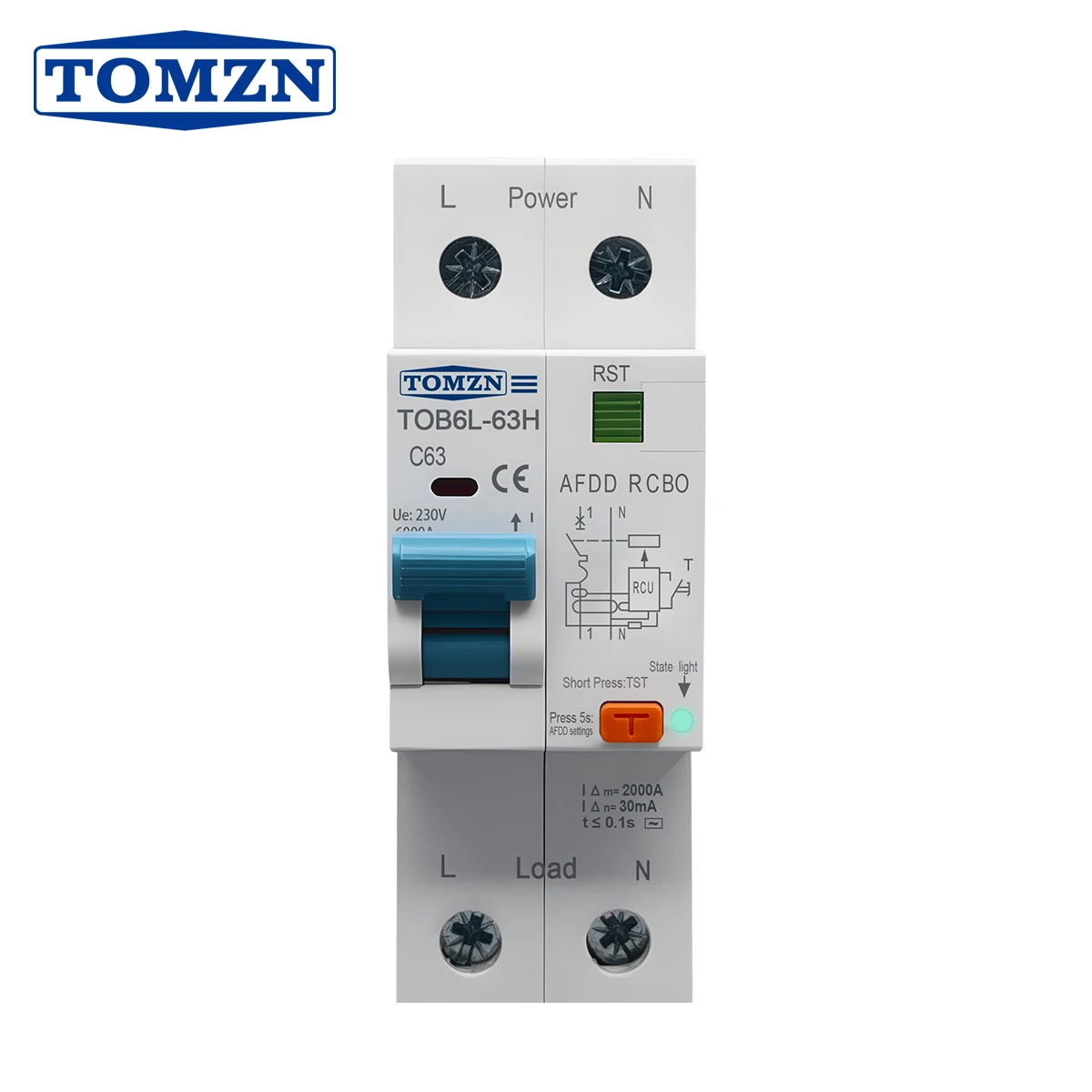 

TOMZN TOB6L-63H AFDD RCBO Защита от дугового разряда, тип C, 1P+N, 230В AC, 10-63А, защита от короткого замыкания и перегрузки, на DIN-рейку