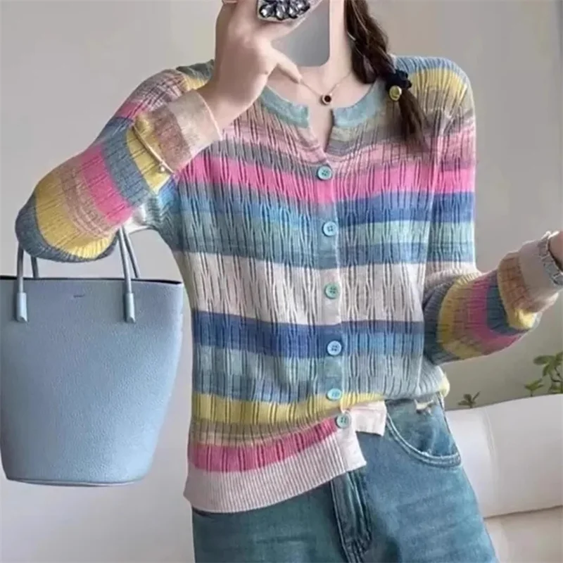 Autumn New 2023 Oversized Women\'s Design Sensation Small Group Hollow Out Round Neck Rainbow Spliced Stripe Knitting Sweater Top