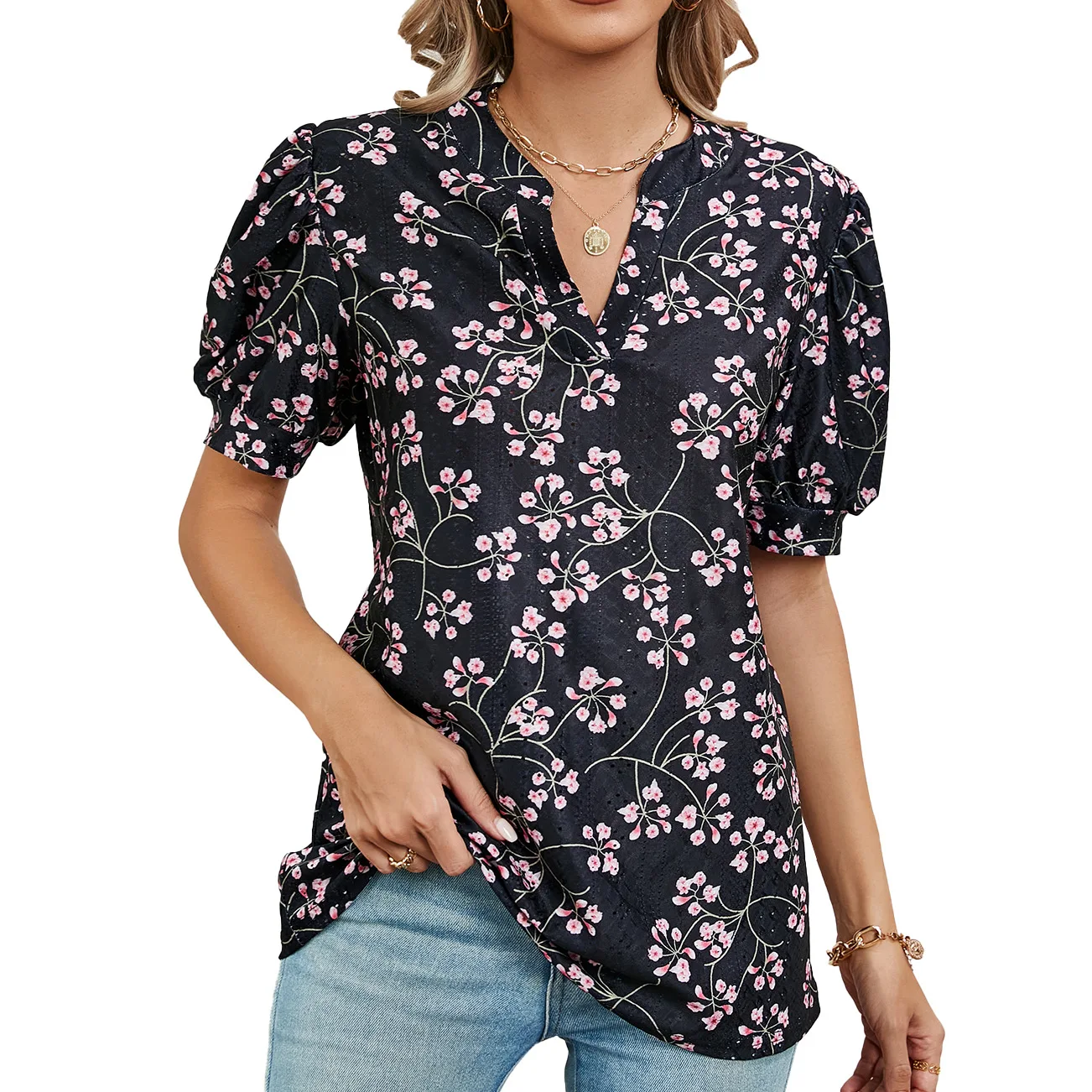 Casual print shirt women fashion v-neck Puff sleeve shirts for women 2024 summer new 3D tops femme