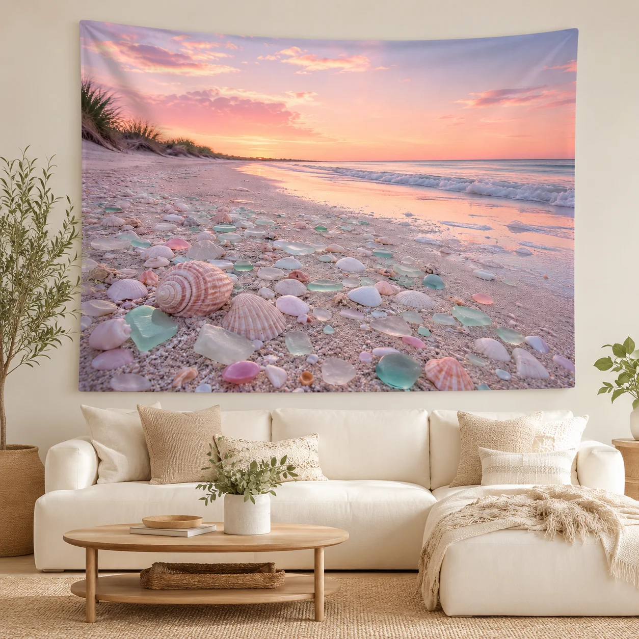 Beach Seashell Tapestry Wall Hanging Coastal Boho Room Decor Aesthetic Living Bedroom Pink Sunset Scenery Hanging Cloth Poster