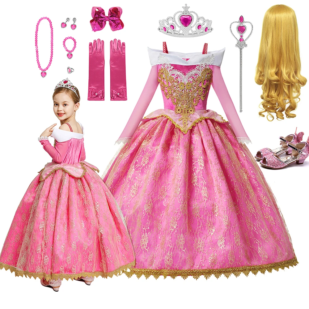 Disney Sleep Beauty Aurora Princess Girl Costume Kids Girl Luxury Birthday Party Rapunzel Frozen Halloween Party Cosplay Outfits