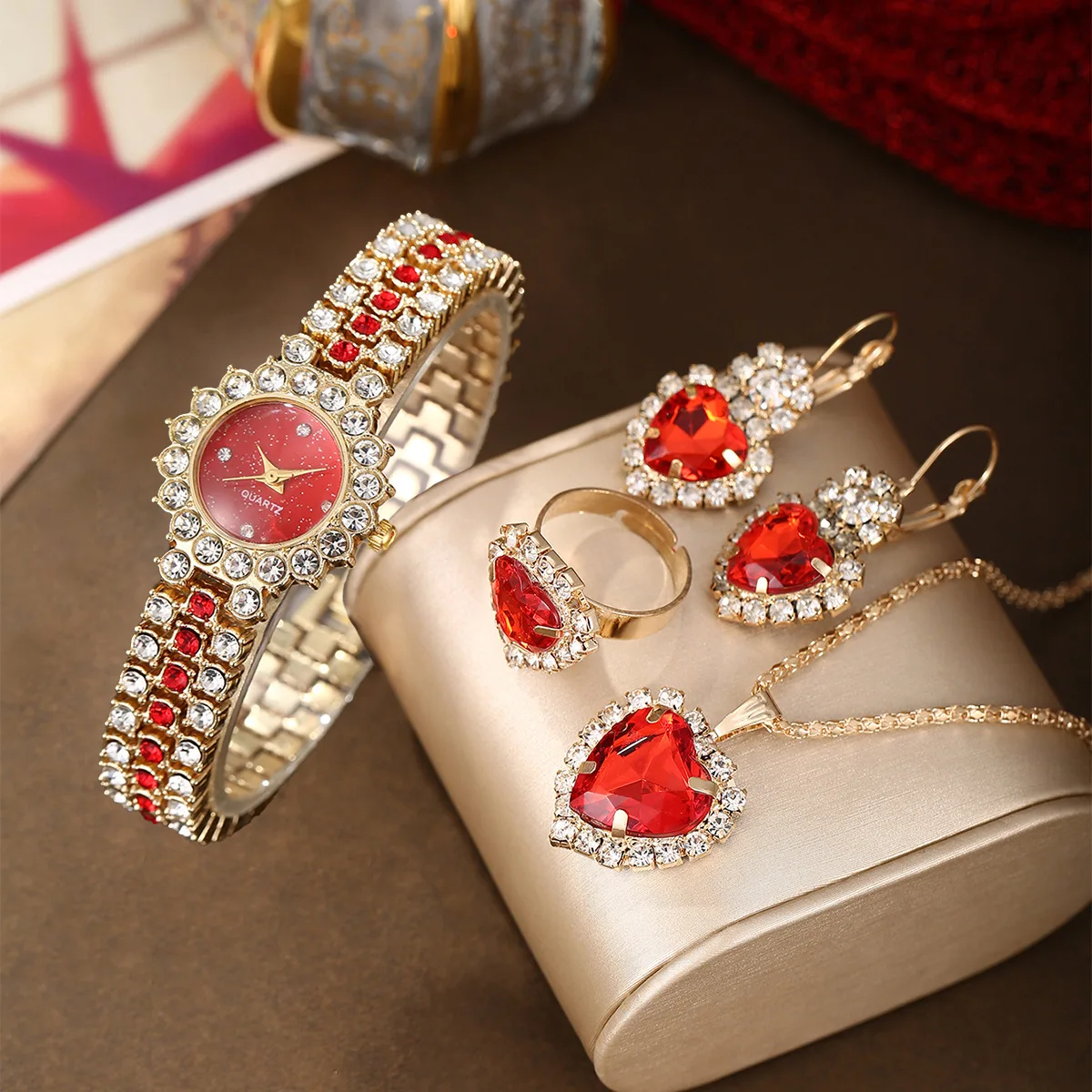 1/4pcs Set Women Watches Heart Rhinestone Ring Necklace Earring Jewelry Set Luxury Small Flowers Dial Wristwatch Jewelry Gift