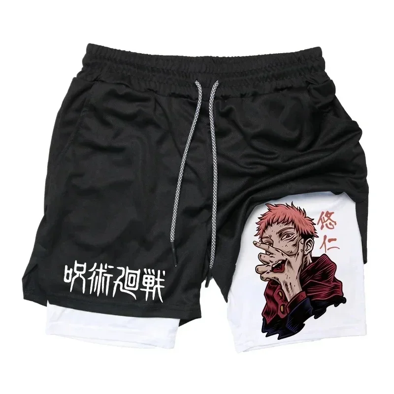 Itadori Yuji 2 in 1 Compression Shorts for Men Anime Jujutsu Kaisen Performance Shorts Basketball Sports Gym Shorts with Pockets