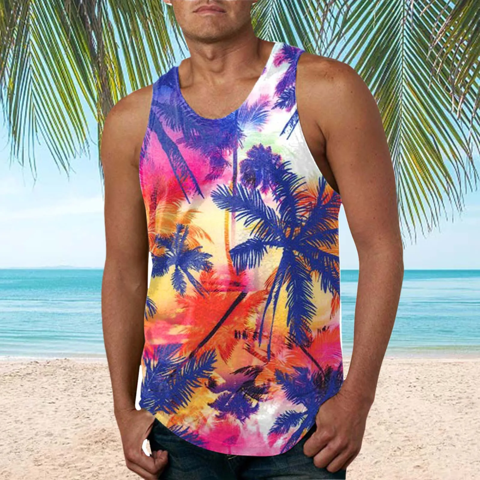 Sunset 3d Tank Tops Male Leisure Seaside Vest Print Coconut Tree Streetwear Large Size Habiliment Men Spring Sleeveless Shirt