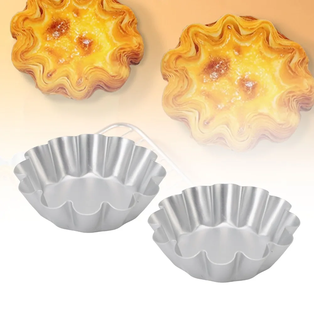 12PCS Aluminum Alloy Flower Pudding Mold Flower Shaped Easy Release Surface Fluted Cake Mold Fluted Wave Edge Silver Baking Mold