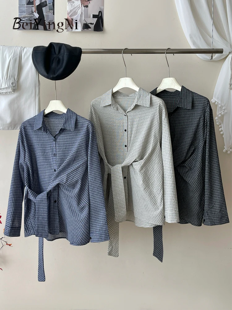 

Beiyingni новые модные корейские рубашки для женщин на шнуровке для отдыха, винтажные клетчатые топы с длинными рукавами и пуговицами, женские уличные блузки