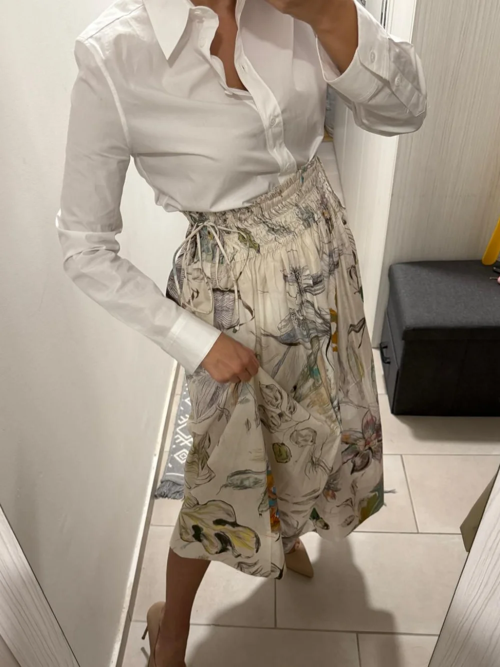 Women's Retro Casual Elegant Loose Large Hem Midi Printed Skirt Elastic Waistband Drawstring Beach Vacation Skirt