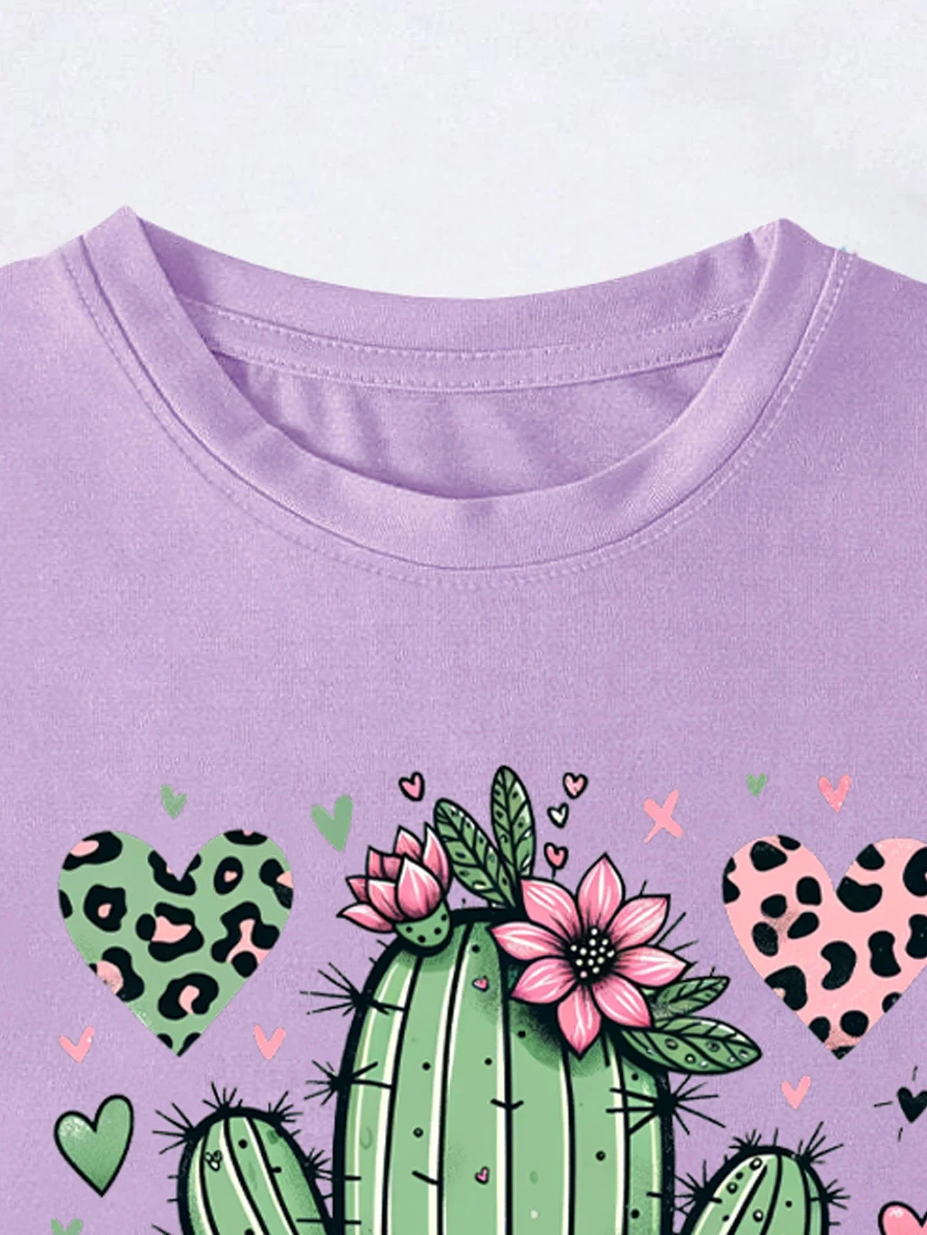 Cactus and Romantic Leopard Love Heart Print T-shirt,Short Sleeve,Crew Neck,Casual Top for Valentine\'s Day,Retro,Cute, Summer