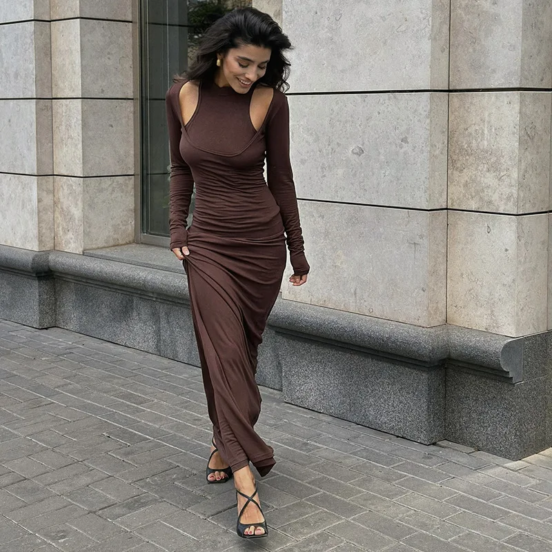 アプリバント レディース セクシー カットアウトショルダー マキシ丈ワンピース スリム モックネック 長袖 ロングドレス 2025 秋冬新作 ストリート パーティーウェア