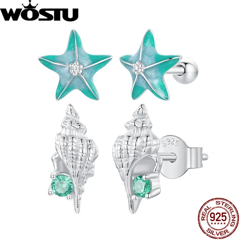 WOSTU-pendientes de plata de ley 925 para mujer, aretes de estrella de mar con cristal transparente, joyería fina, regalo de verano