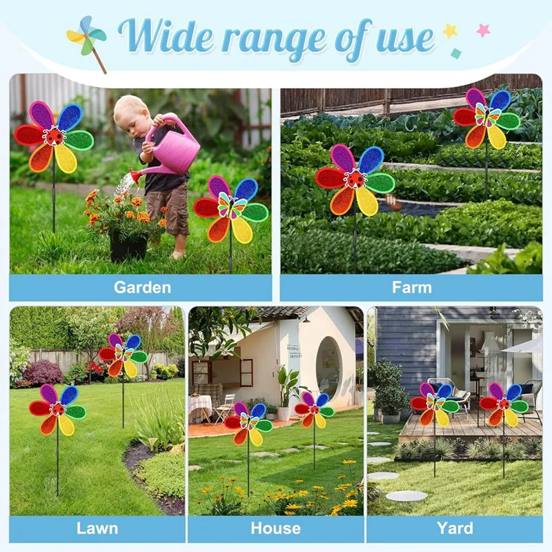 Pinwheels para jardim, colorido flor arco-íris moinho, vento gramado pinwheels, fácil de instalar, fácil de usar, 4PCs
