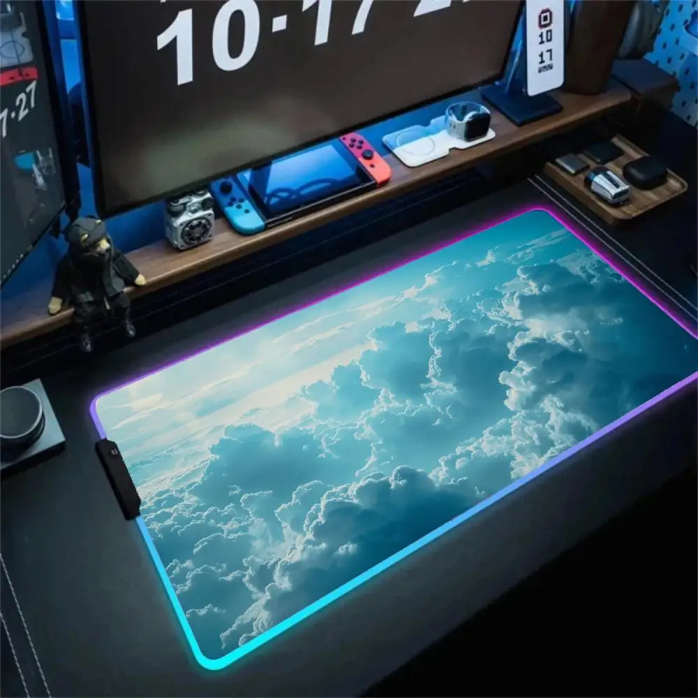 

Blue Clouds Mouse Pad Large RGB Gaming Mousepads LED Light Locked Edges Game Accessories Table Pads PC Keyboard Mats XXL 90x40cm