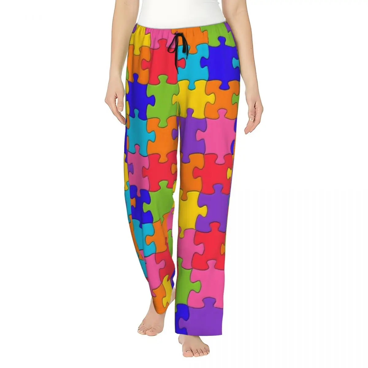 Custom Colorful Puzzle Autism Awareness Pajama Pants Womens Lounge Sleep Drawstring Sleepwear Bottoms with Pockets