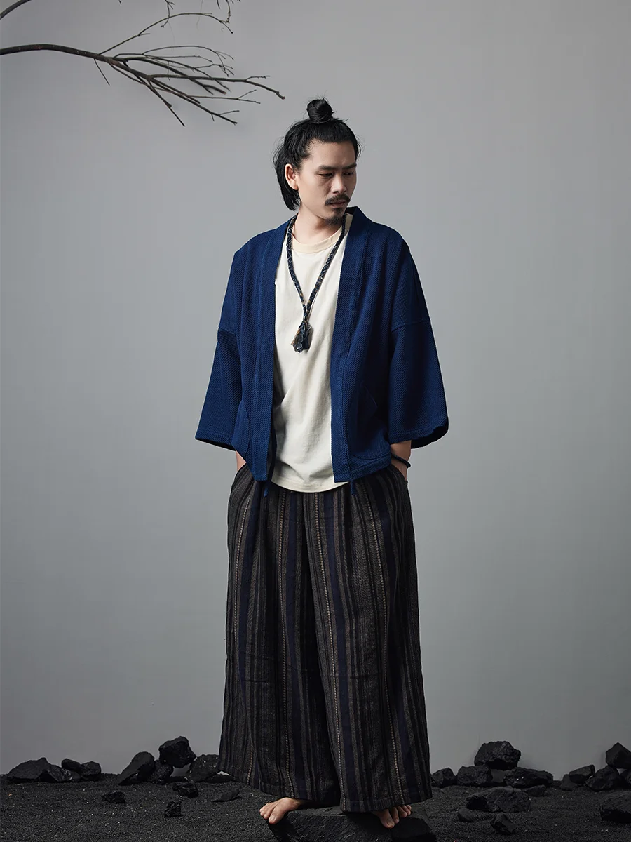 

Indigo Plant Blue Dyed Robe Heavy Sashiko Kendo Fabric Loose Casual Retro Jacket Shoulder Robe
