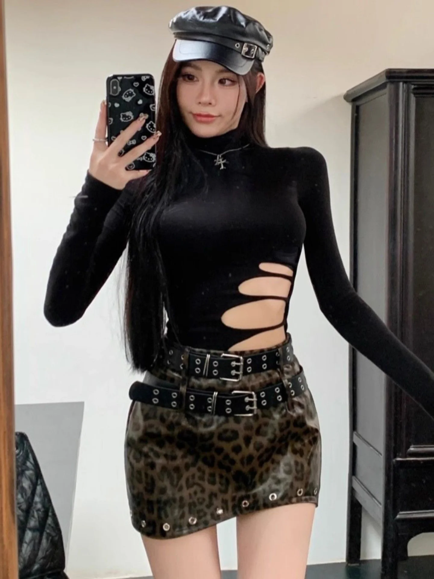 Retro Sweet Leopard Print PU Leather  Skirt Women's Autumn New Double Belt Design Sweet Cool Versatile Short Skirt Trend