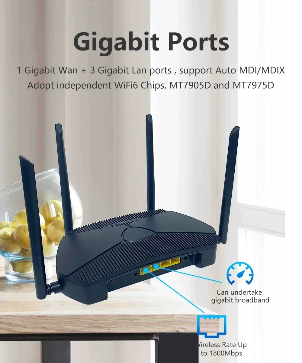 Wiflyer Wifi6 Ax1800 Slimme Wifi Router 1800Mbps Draadloze 256Mb Ram Dual Band Gigabit Lan High-Gain Antenne Hotspot Wi-Fi Router