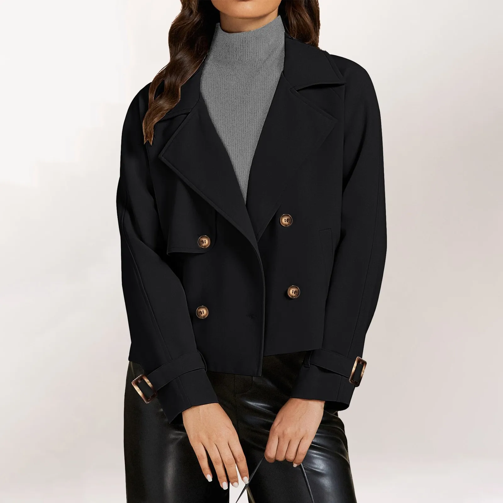 

Autumn Women Cropped Trench Coat Solid Color Long Sleeve Double Breasted Notched Lapel Elegant Lady Office Commute Chic Outwears
