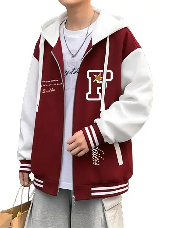 

Red Wine Color Baseball Jaet ex Spring Autumn Winter Fce Lined Casual Sle Middle School Students Outerwear Coat