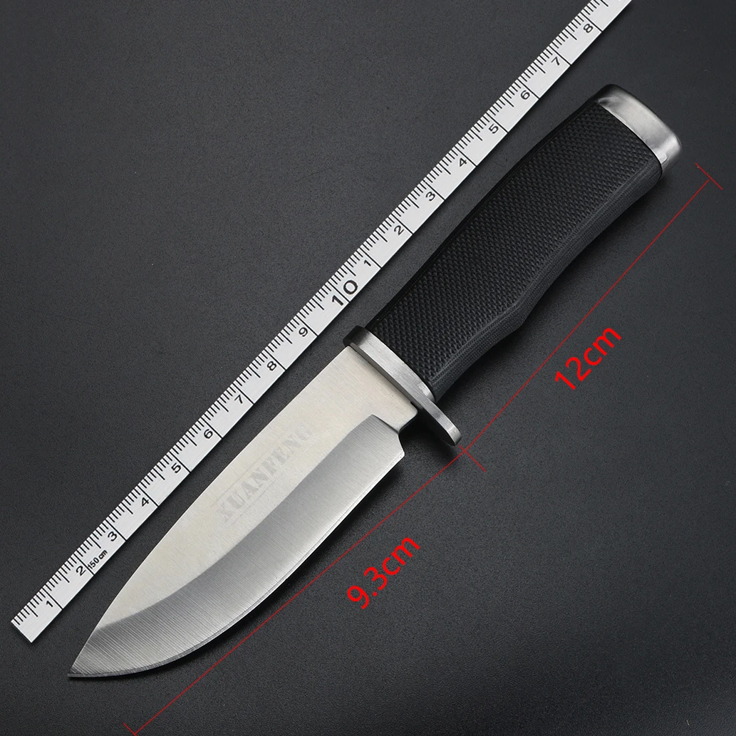 Cuchillo de hoja fija con mango de goma, cuchillo de caza de alta dureza, herramienta EDC multifuncional para acampar