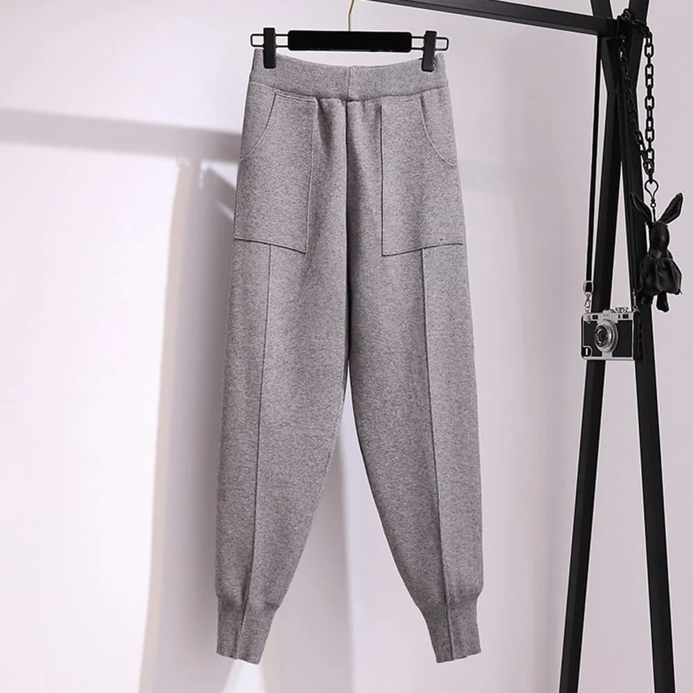 Womens Casual Solid Color Knit Pants High Waisted Cuffed Style for Summer Beach Holiday Cycling Regular Length Polyester