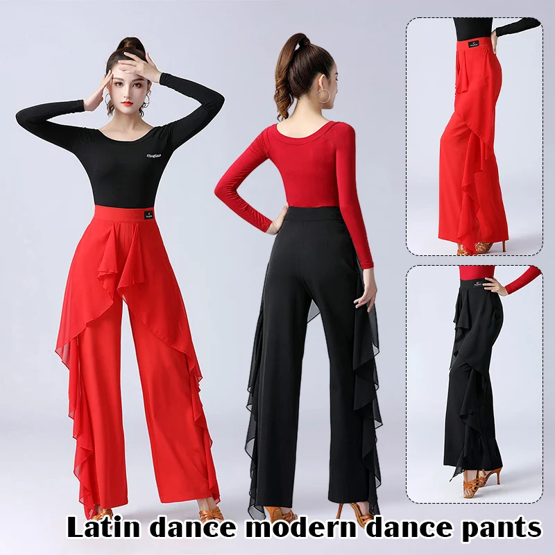 Women Latin Dance Pants Modern Dance High Waist Ruffle Wide Pants Ballroom Tango Samba Trousers Performance Practice Costume