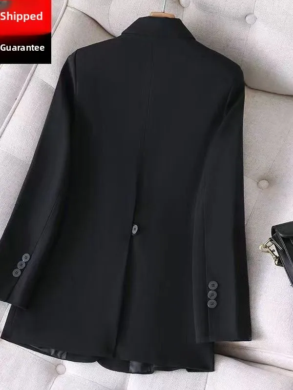 

Повседневный черный пиджак женский, весенний дизайн, свободный крой, из полиэфирного волокна, для работы, собеседований, вечеринок, на каждый день