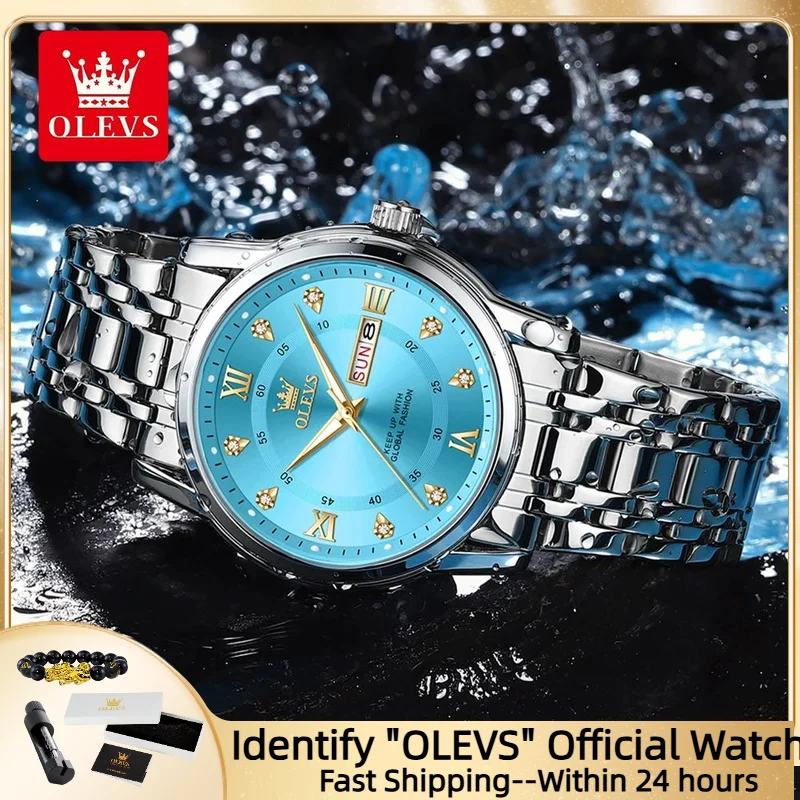 

OLEVS Роскошные мужские часы с двойным календарем, классические деловые кварцевые часы для мужчин, водонепроницаемые наручные часы из нержавеющей стали (эксклюзивные)