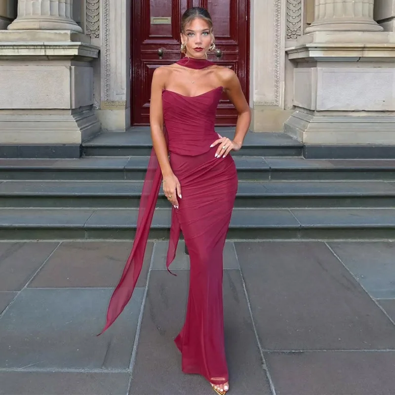 

Новое поступление: чувственное облегающее сетчатое платье без рукавов с бретельками на шее, элегантное и облегающее длинное платье ранкового цвета.