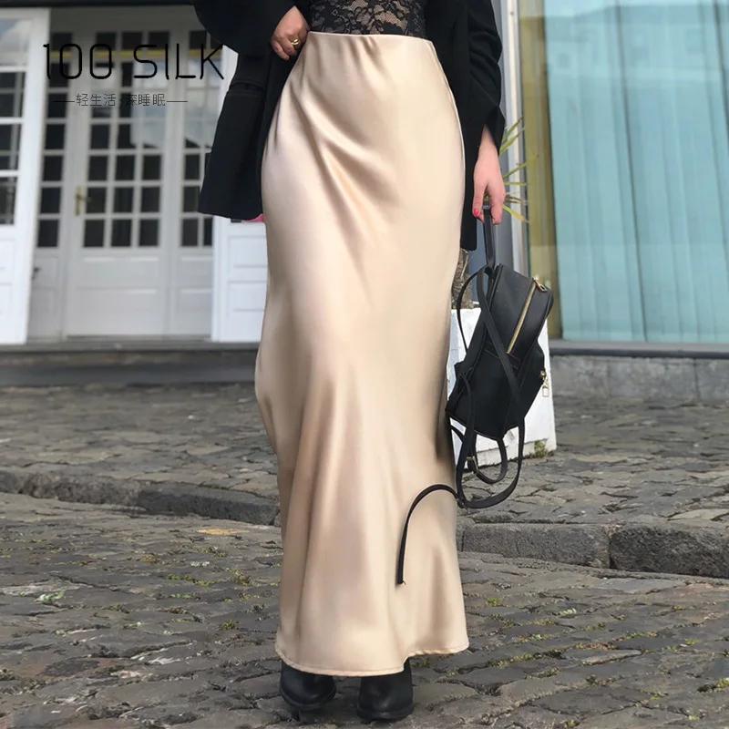 BirdTree, 22 MM 100% natuurlijke zijde elegante rok, dames elastische taille satijn, hoogwaardige moderok, 2024 zomer herfst B47024QM