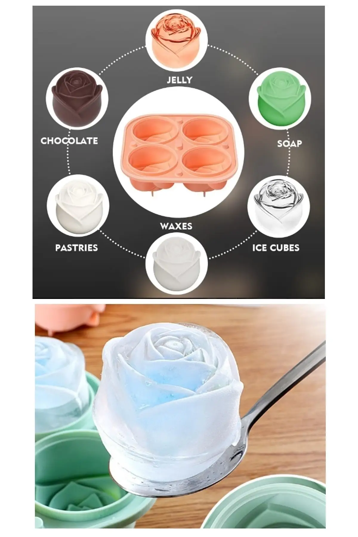 4-Piece Rose Shaped Ice Mold 3-D Cute Cocktail Ice Rose Shaped Silicone Large Ice Balls