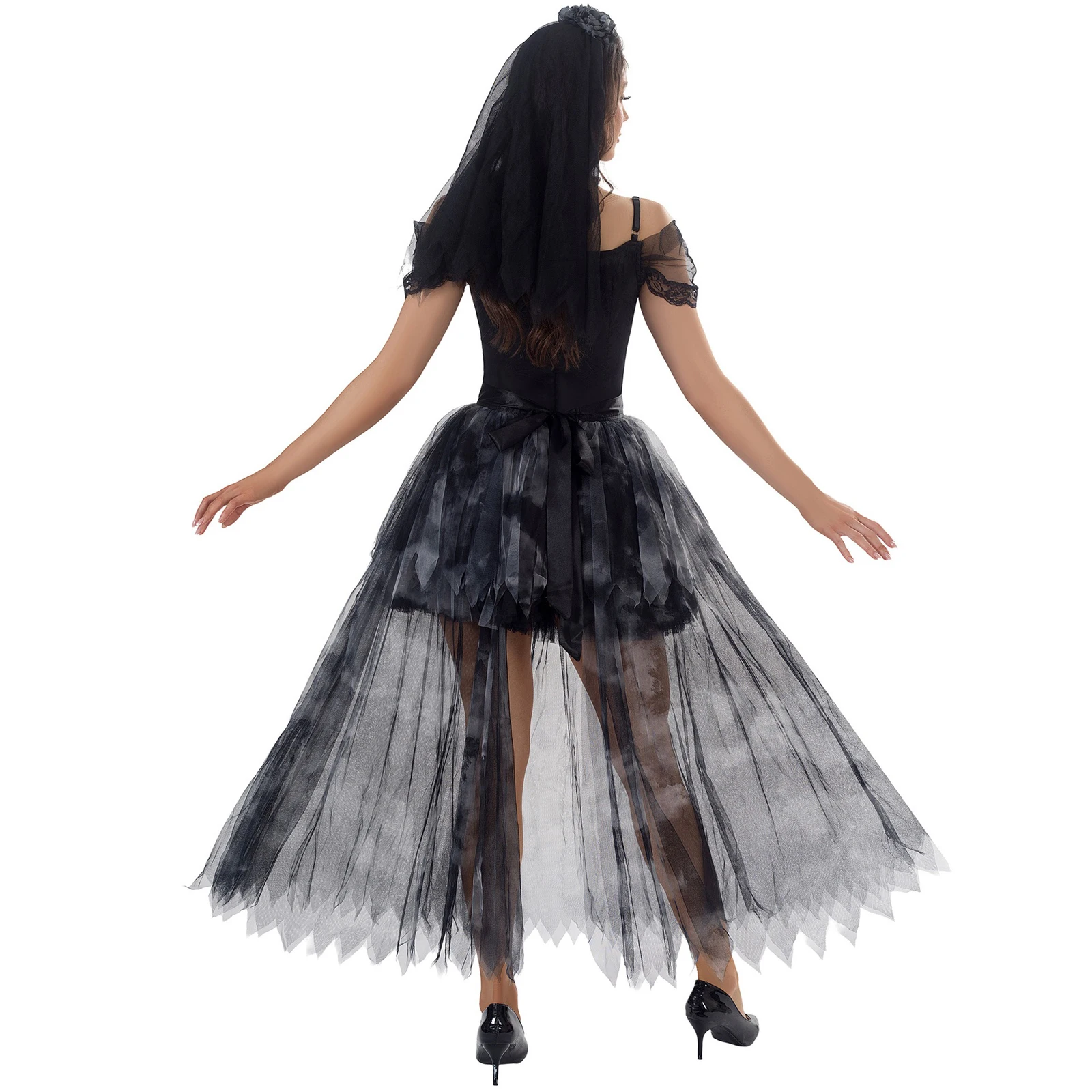 زي زفاف مصاص الدماء للهالوين للنساء، فستان شبكي بأكمام قصيرة وكتف بارد وطبقات من التول مع حجاب ووشاح #6