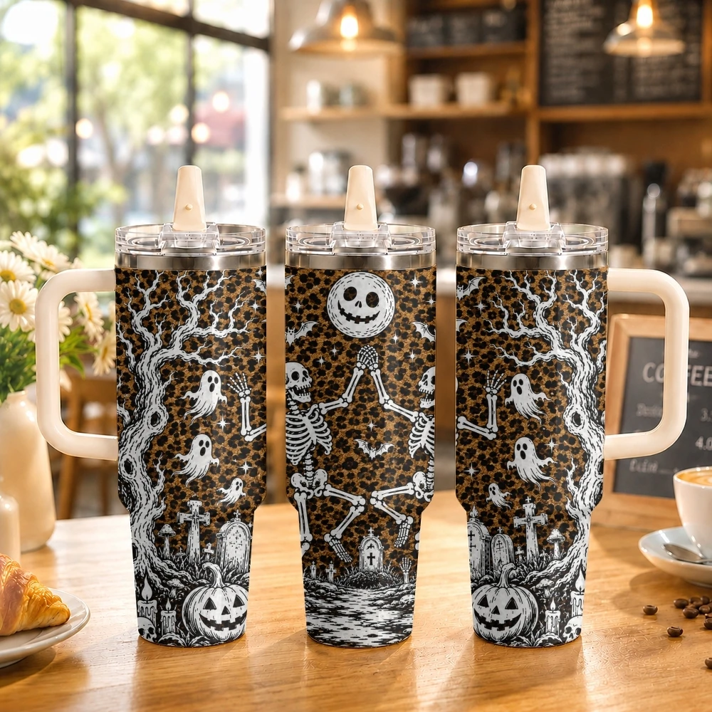 Leopard-Print Skull Vacuum Flasks 40oz Stainless Steel Tumbler with Handle Straw Lid Vacuum Insulated Double Wall Leak Proof