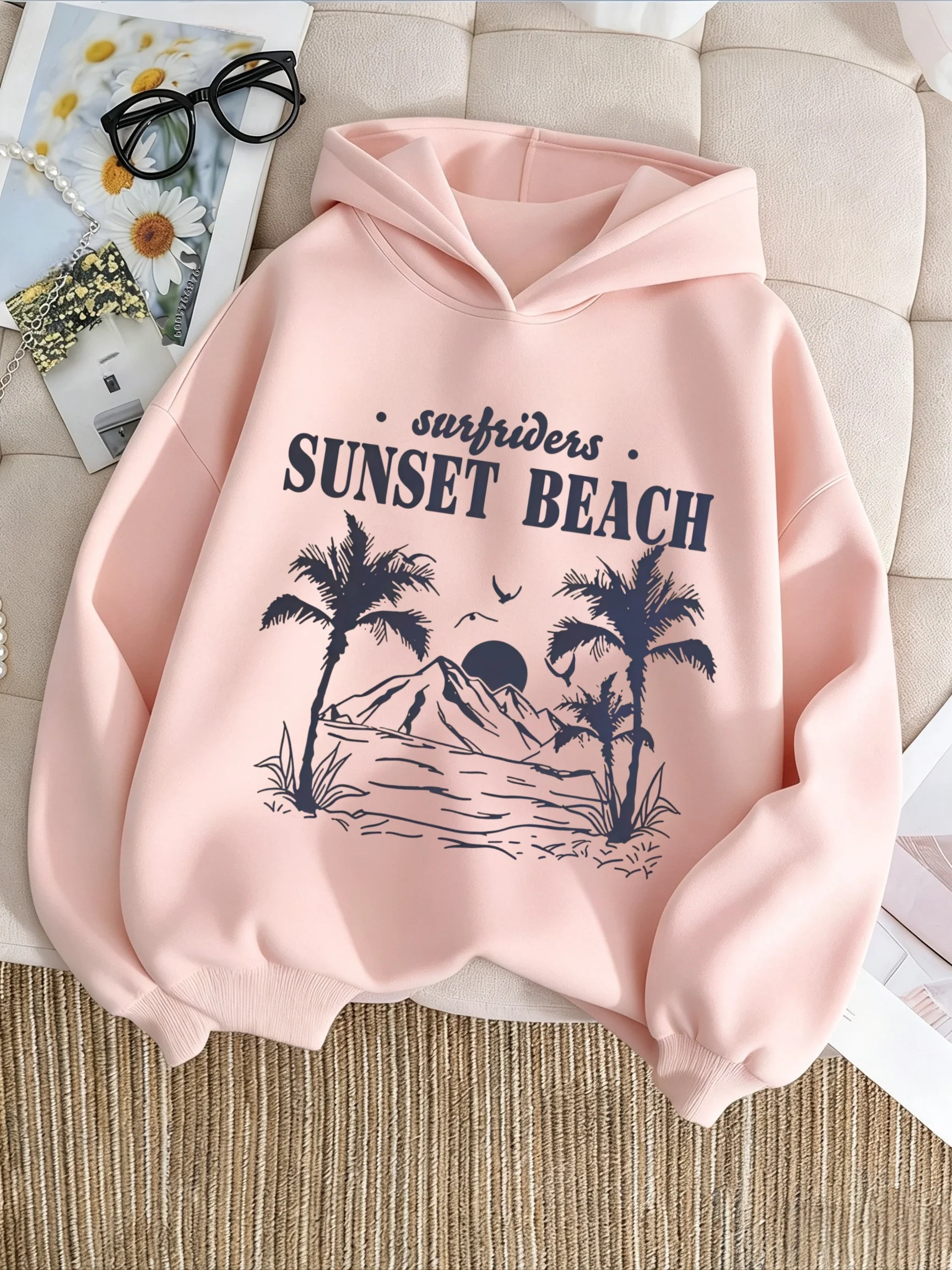 Latest American Retro Beach Sunset Print Children's Hooded Sweatshirt - Boys' and Girls' Loose Fitted Pullover Sweater