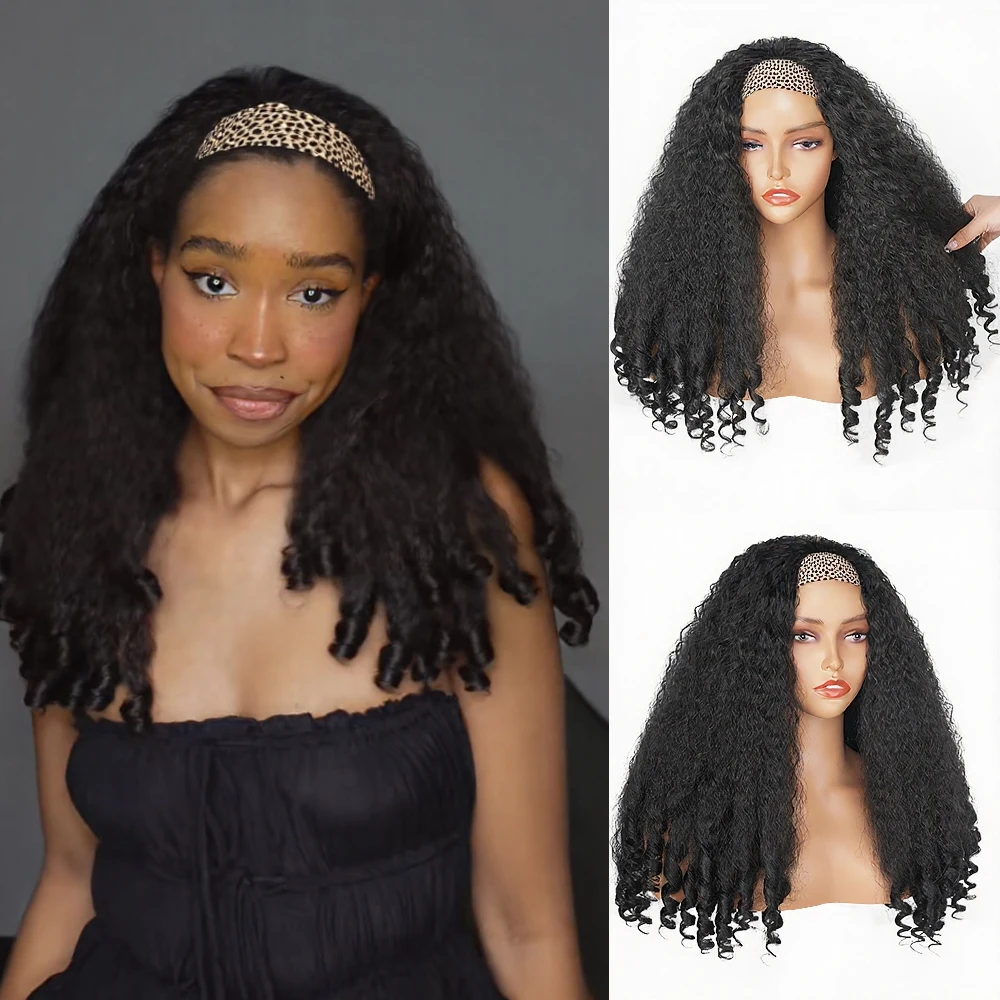 

Афро-кудрявые парики с повязкой на голову для чернокожих женщин, синтетический натуральный черный афро-текстура, странный прямой парик с надувным вьющимся концом, 20 дюймов