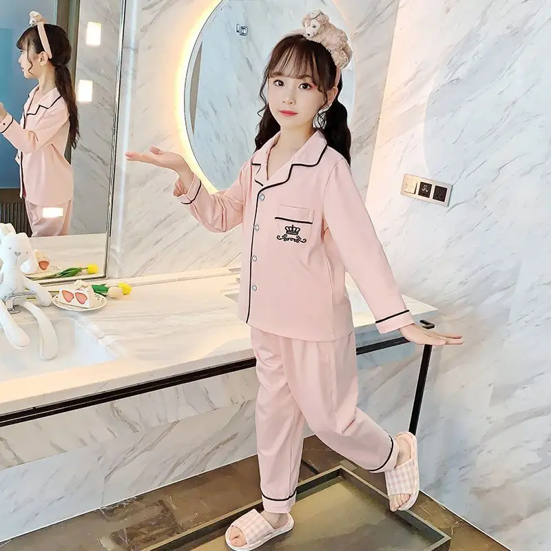 Kids' Loose Lightweight Spring Autumn Collared Long Sleeve Pajamas Set Toddler Girls Air Conditioning Wear Homewear