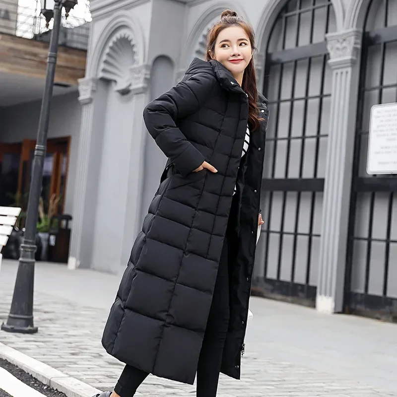 X-Long Down Jacket Women Casual Thick Warm Padded Coat Winter Loose Solid Hooded Parkas Lady Korean Fashion Solid Long Overcoa