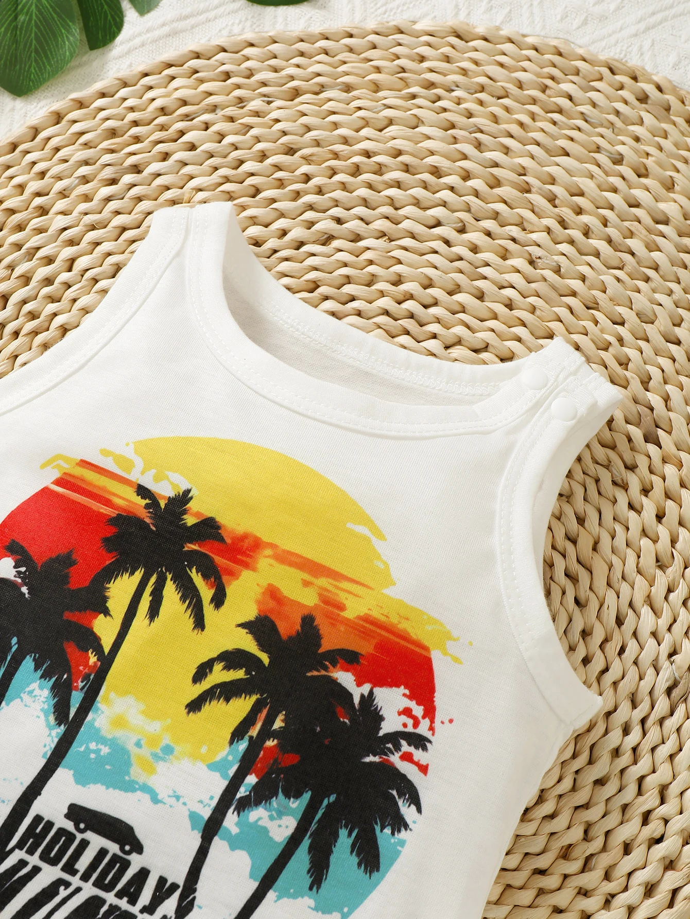 Casual Look For Baby Boys Summer Coconut Print Sleeveless Vest Dyed Hat Elasticated Waist Casual Pants Beach Chic