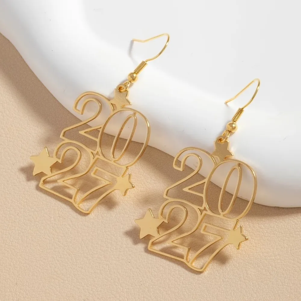 Elegant 2027 Digital Earrings Long Drop Hollowed-out Fashion Happy New Year Earrings Metal Iron Star Design Stud Earrings Daily