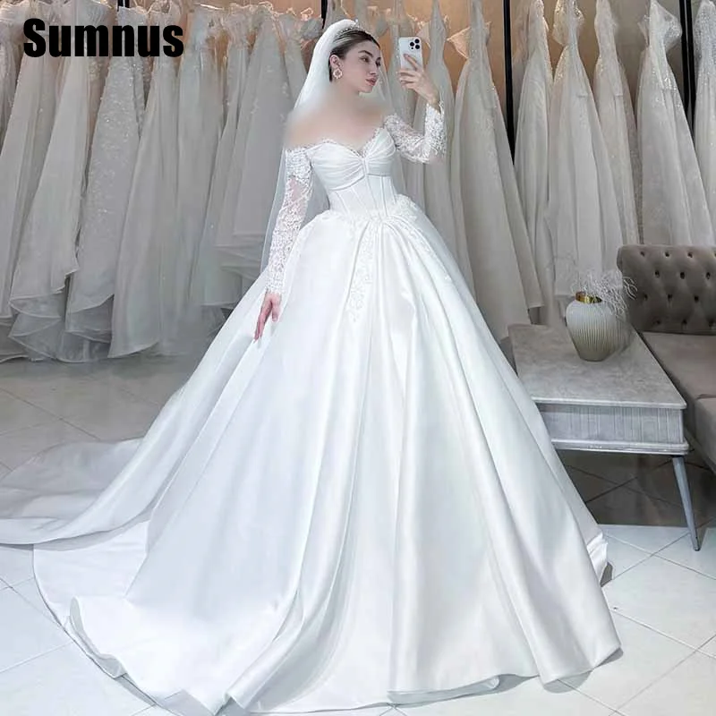 Sumnus Modern A-Line Wedding Dresses Lace Sleeves Sweetheart Bridal Gowns Satin Floor Length Bride Dress Customized