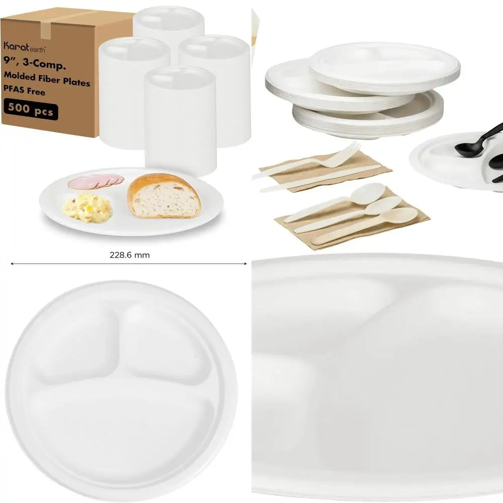

Eco-Friendly 9 Molded Paper Plates, 500 Count, 3-Section, Heavy Duty, White