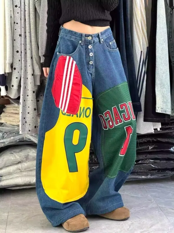 

Свободные джинсы с высокой талией и широкими штанинами, асимметричный низ, пэчворк, цветной блок, повседневные, осенне-зимние, женские