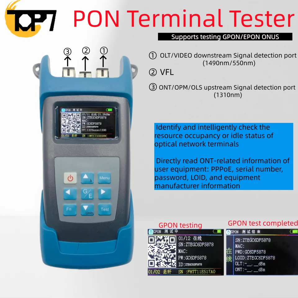 

Тестер терминалов PON JW3318A для чтения GPON/EPON, онлайн-идентификаторов пользователя ONU (SN, MAC, пароль, LOID) и проверки ONT онлайн/офлайн
