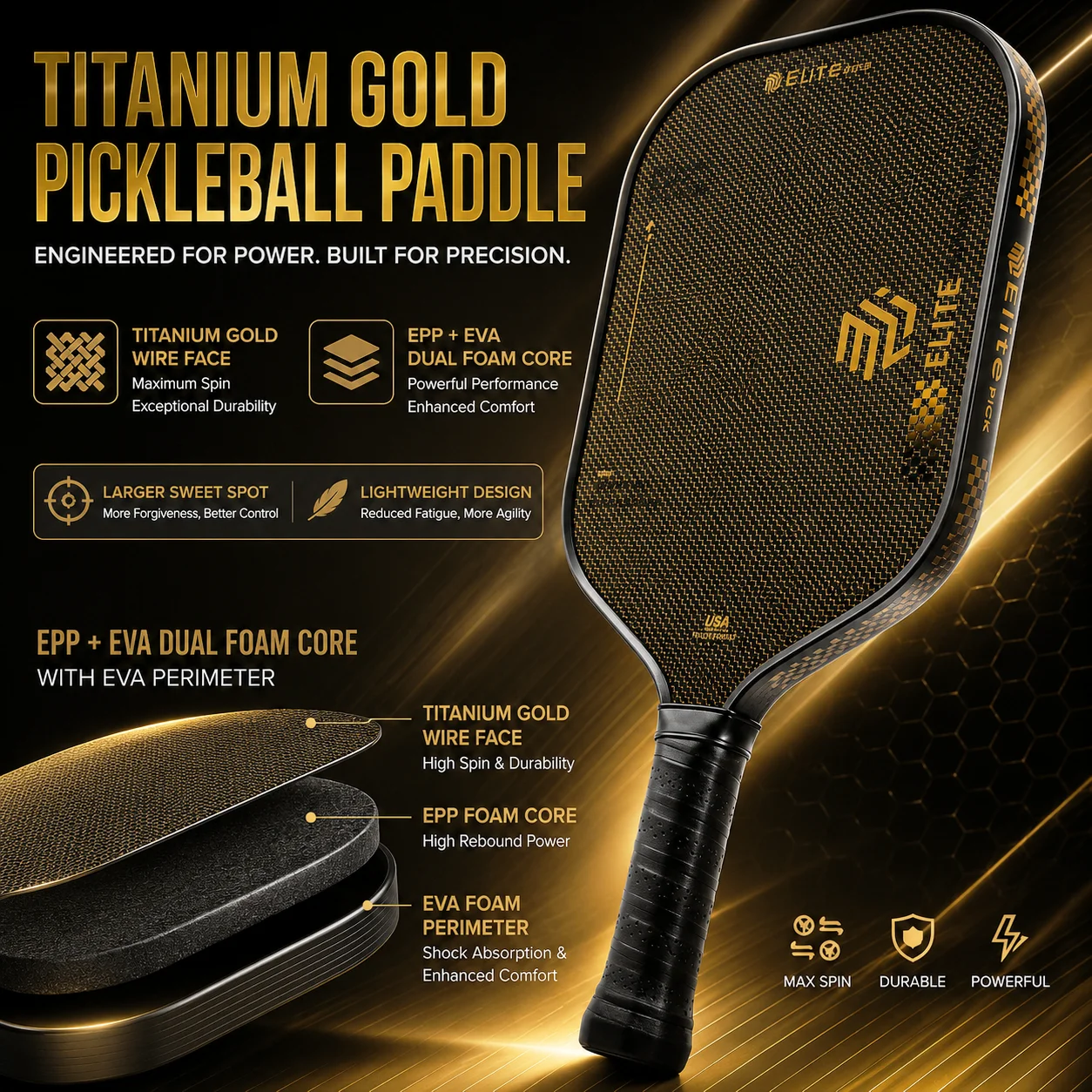 

ELITE PICK titanium wire carbon fiber Pickleball Paddlet, EPP EVA DUAL FOAM CORE, rough fabric-textured racket face