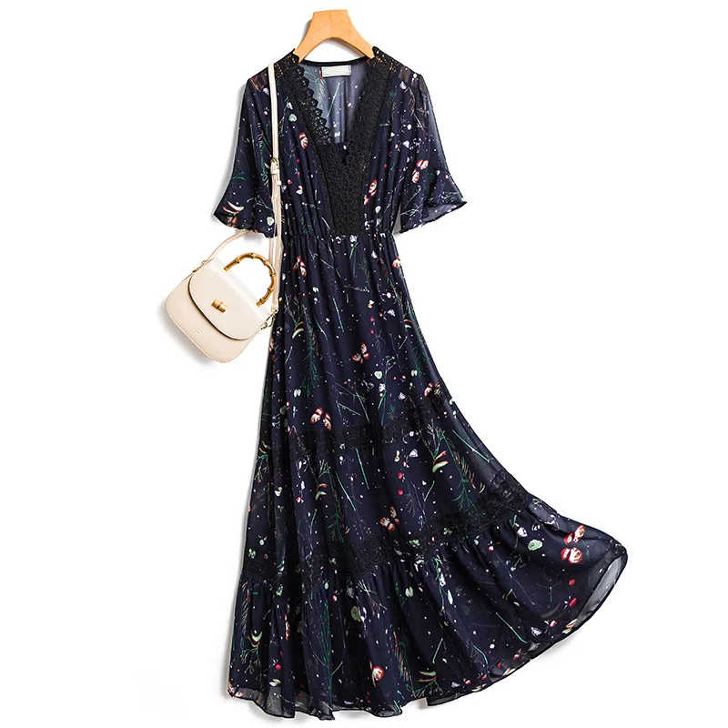 

Women's Floral Chiffon Dress, Lace Patchwork, V-Neck, Slim, Knee-Length, Elegant Long Clothing, Summer, New Design, 2022