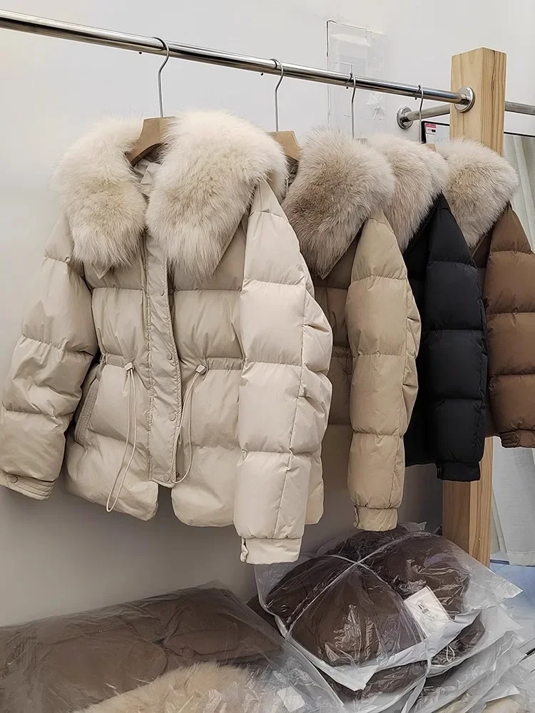 جديد المرأة الخريف الشتاء الملابس الطبيعية الثعلب الفراء سترة الموضة الدافئة الحقيقية سترة منفوخة الإناث الأبيض بطة أسفل معطف سيدة