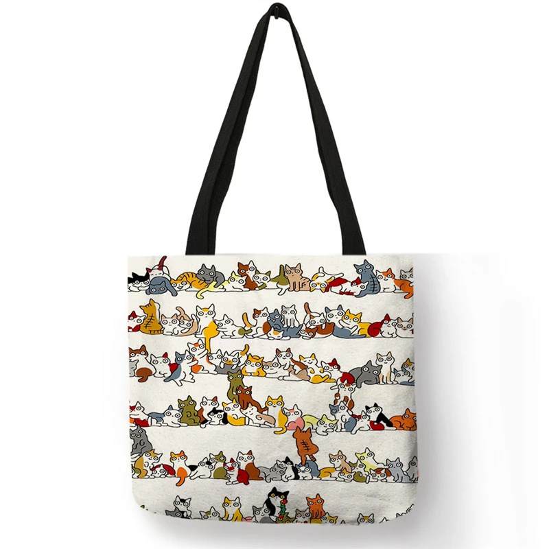 SY0114 Cute Black Cat Print Women Handbags Casual Totes Large Capacity Reusable Shopping Bags School Shoulder Book Storage Bag