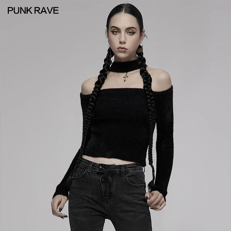 

PUNK RAVE Women's Slash Shourder Design Mink Tight Fit Sweater with Cross Pendant Full Sleeve Crop Top Black Woman Clothes